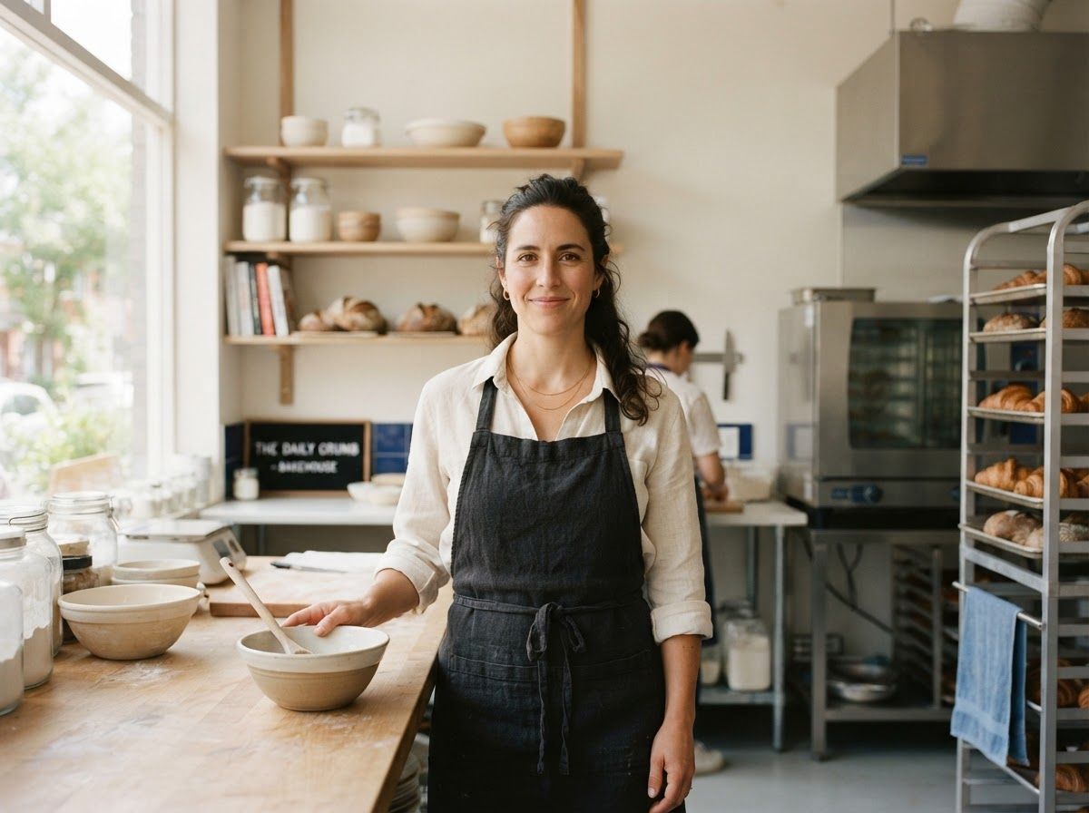 A smiling baker in an apron standing in a bright bakery kitchen with shelves of fresh bread