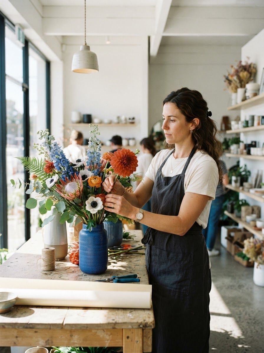 A florist arranging a colourful bouquet in a sunlit flower shop